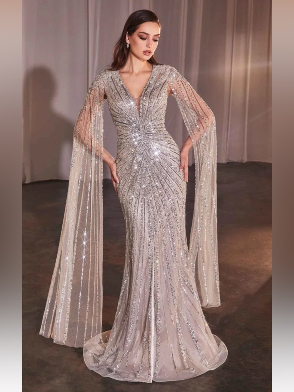 Cinderella Silver Sequin V-Neck Maxi Gown with Sheer Cape Sleeves